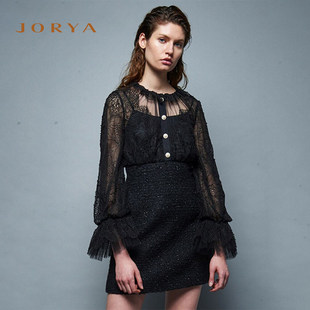 JORYA欣贺卓雅春季新蕾丝拼接粗花呢假两件连衣裙K1400604