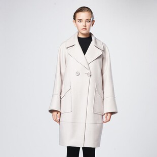 AIVEI欣贺艾薇简约直筒西装领宽版纯色双排扣毛呢大衣女I0660005