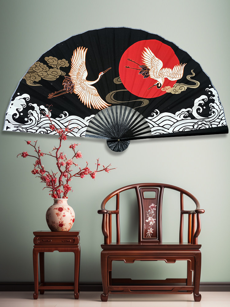 초대형 매달린 부채 고대 중국 상서로운 짐승 학 봉황 공작 잉어 국가 동향 장식 접는 부채 배경 벽걸이 부채