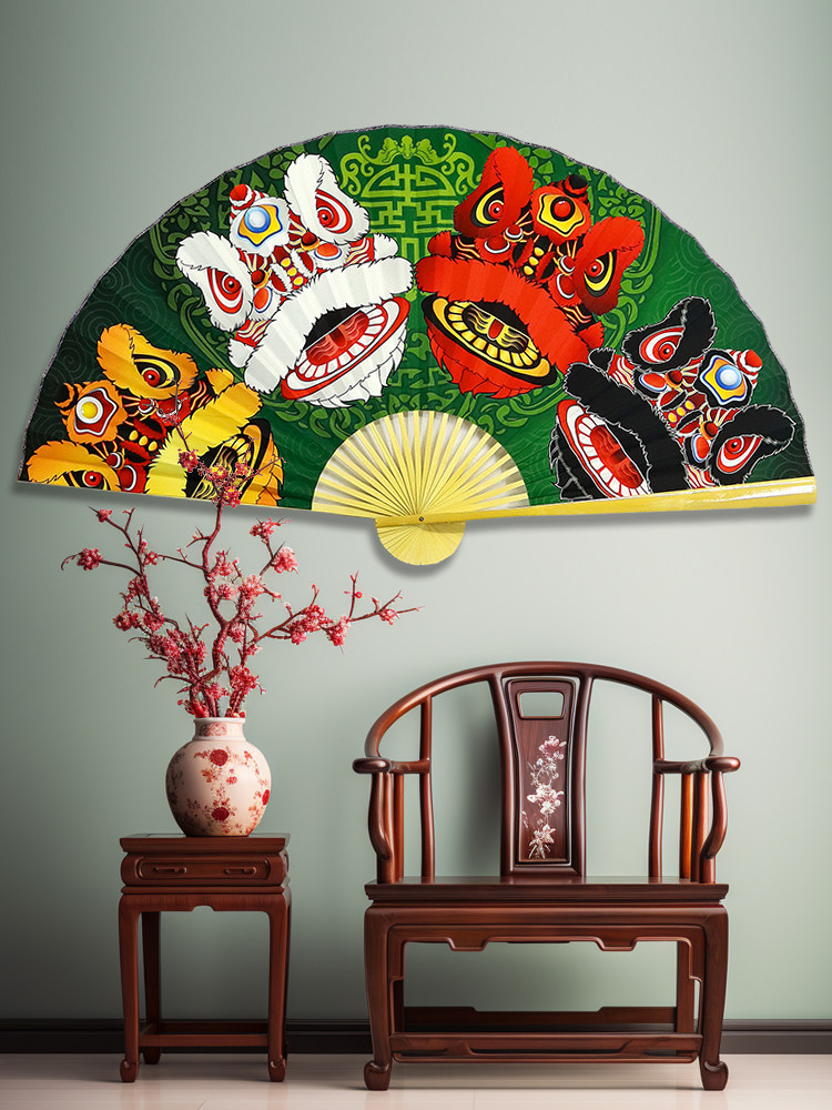 초대형 교수형 팬 국가 추세 북경 오페라 사자 각성 팬 새해 사자춤 개막 축하 무대 장식 배경 벽걸이 접이식 팬