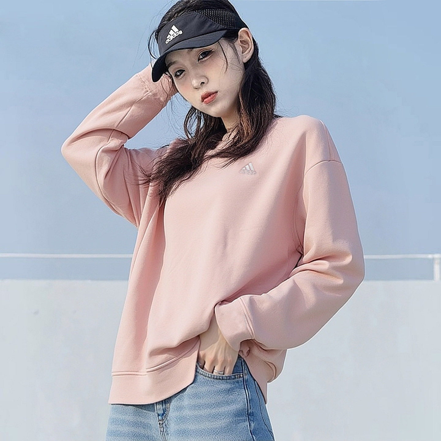 阿迪达斯卫衣女冬季正品粉色上衣圆领打底外套复古纯色宽松运动服
