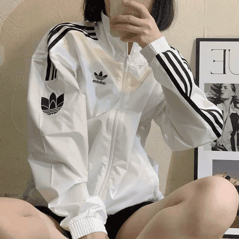 Adidas三叶草白色防风衣女夏正品薄款梭织夹克立领复古宽松外套