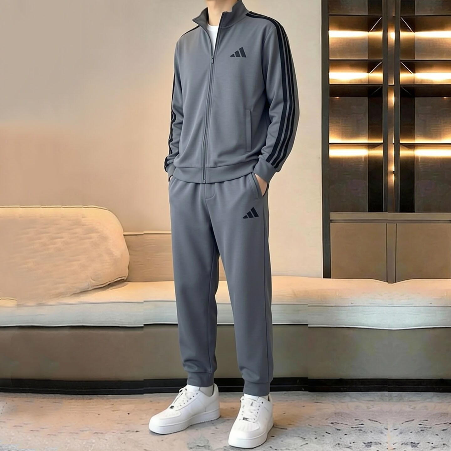 阿迪达斯运动套装男秋正品篮球灰色宽松针织外套收口男士长裤卫裤