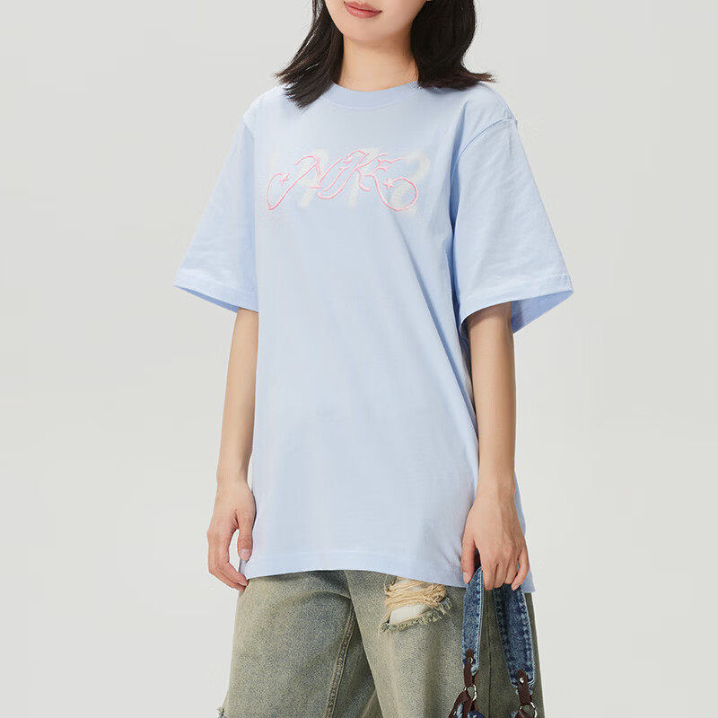 Nike耐克夏季正品短袖T恤女生圆领字母印花宽松百搭休闲蓝色上衣