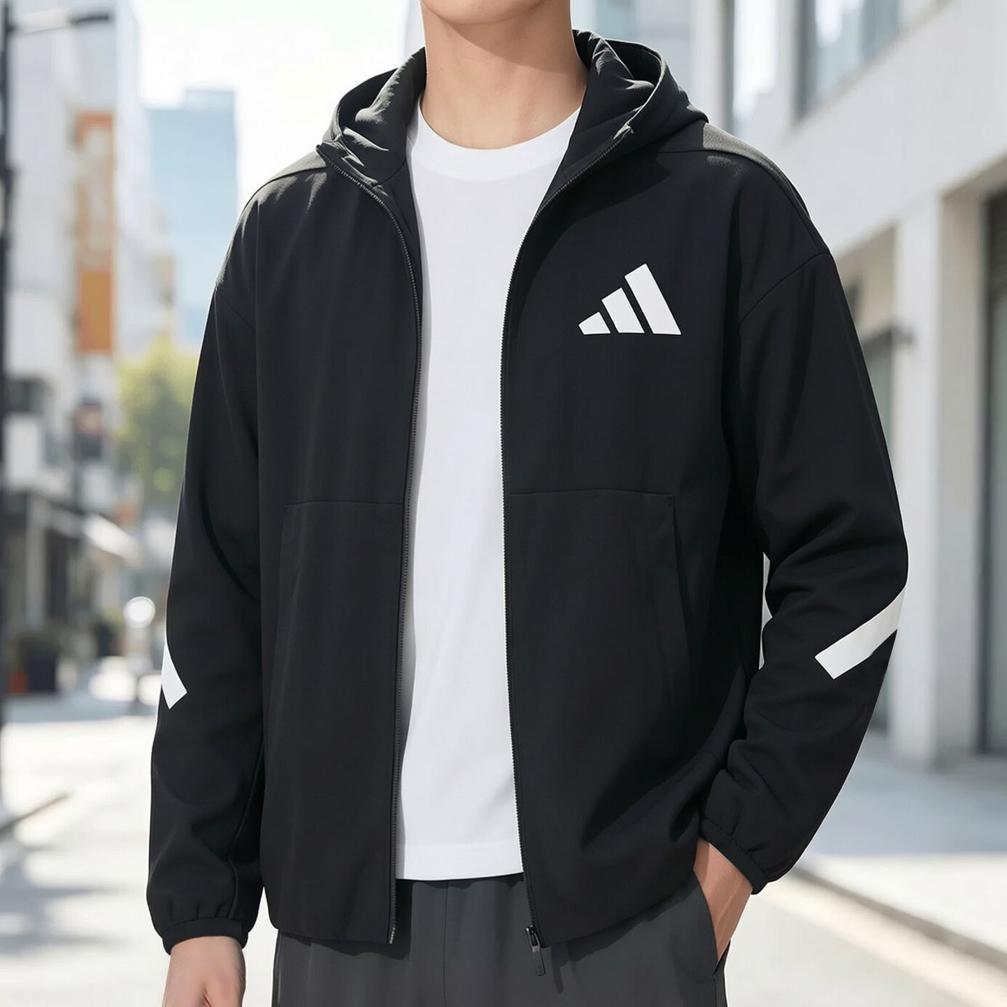 adidas阿迪达斯外套男秋季正品宽松休闲运动服黑色篮球连帽夹克男