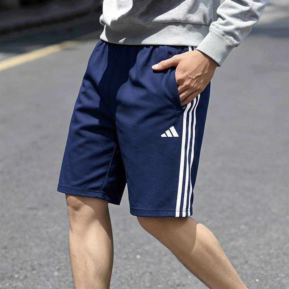 阿迪达斯蓝色短裤男裤夏季三条纹运动裤裤透气宽松休闲裤五分裤子