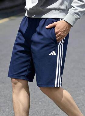 阿迪达斯蓝色短裤男裤夏季三条纹运动裤裤透气宽松休闲裤五分裤子