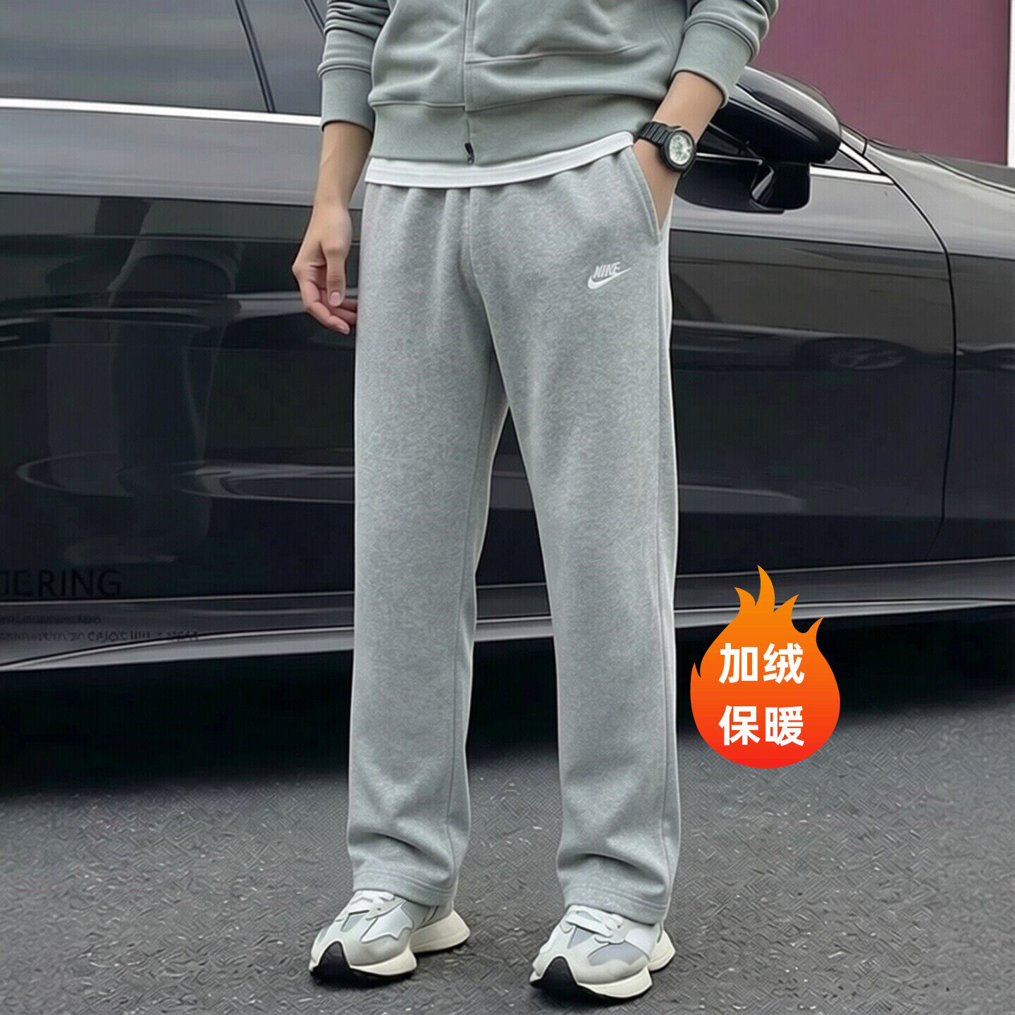 Nike耐克潮流灰色长裤针织加绒直筒裤新款男士保暖运动裤休闲卫裤