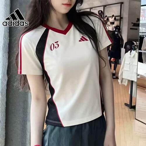 AdidasV领短袖女装夏季修身短款运动休闲上衣撞色拼接T恤衫半袖