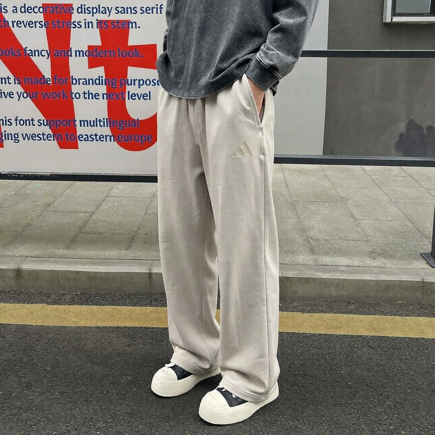 阿迪达斯直筒裤男长裤秋新款复古纯色宽松男士休闲卫裤美式运动裤