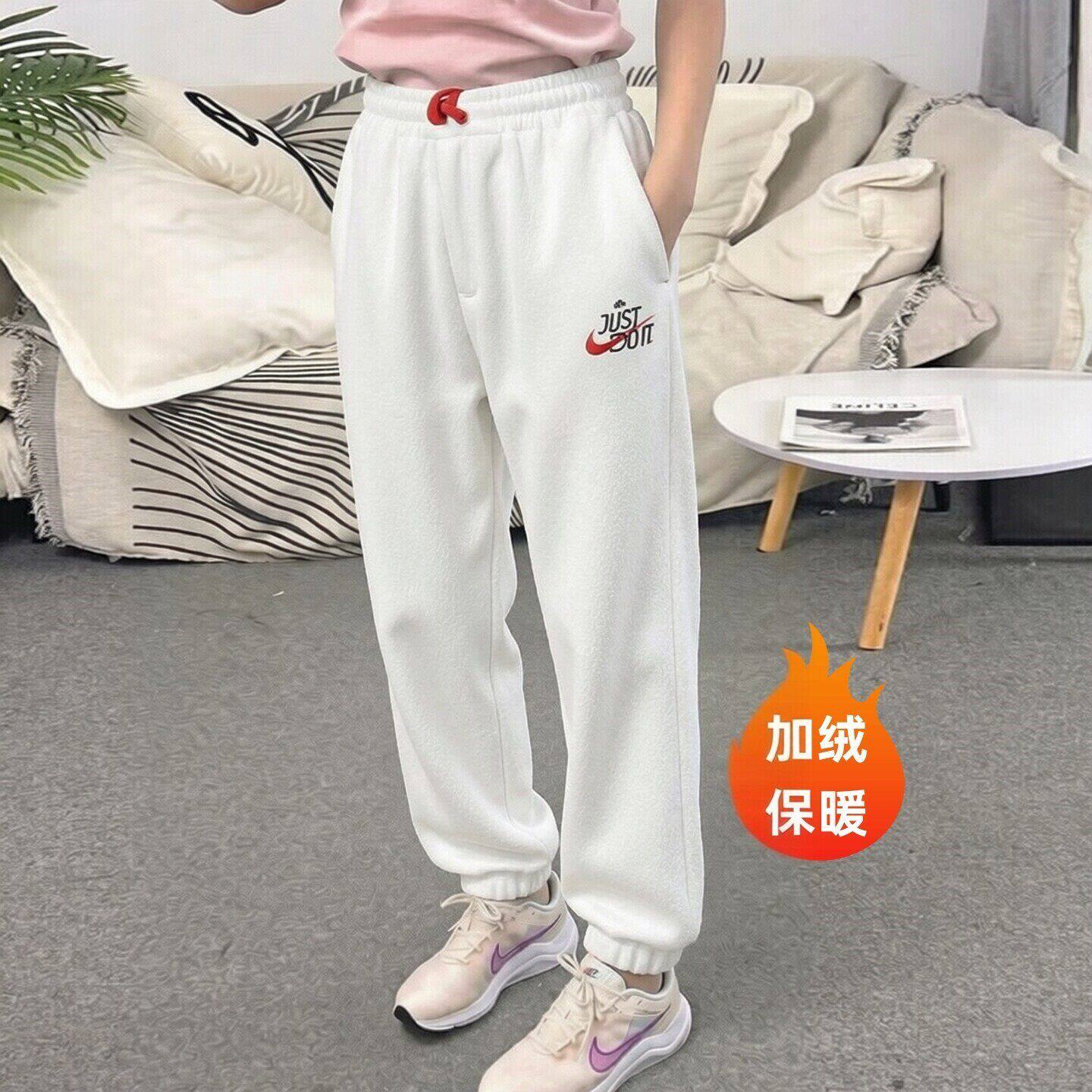 Nike耐克白色加绒长裤2026年新款女裤厚款保暖束脚卫裤潮流休闲裤