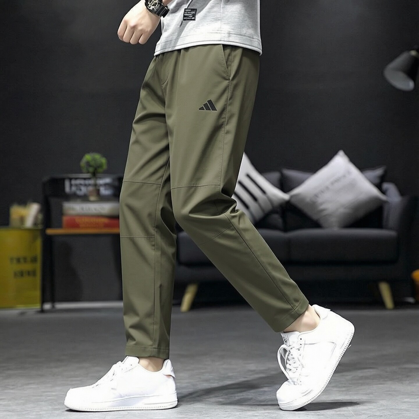 阿迪达斯正品透气速干工装男裤Adidas运动休闲锥形绿色梭织长裤