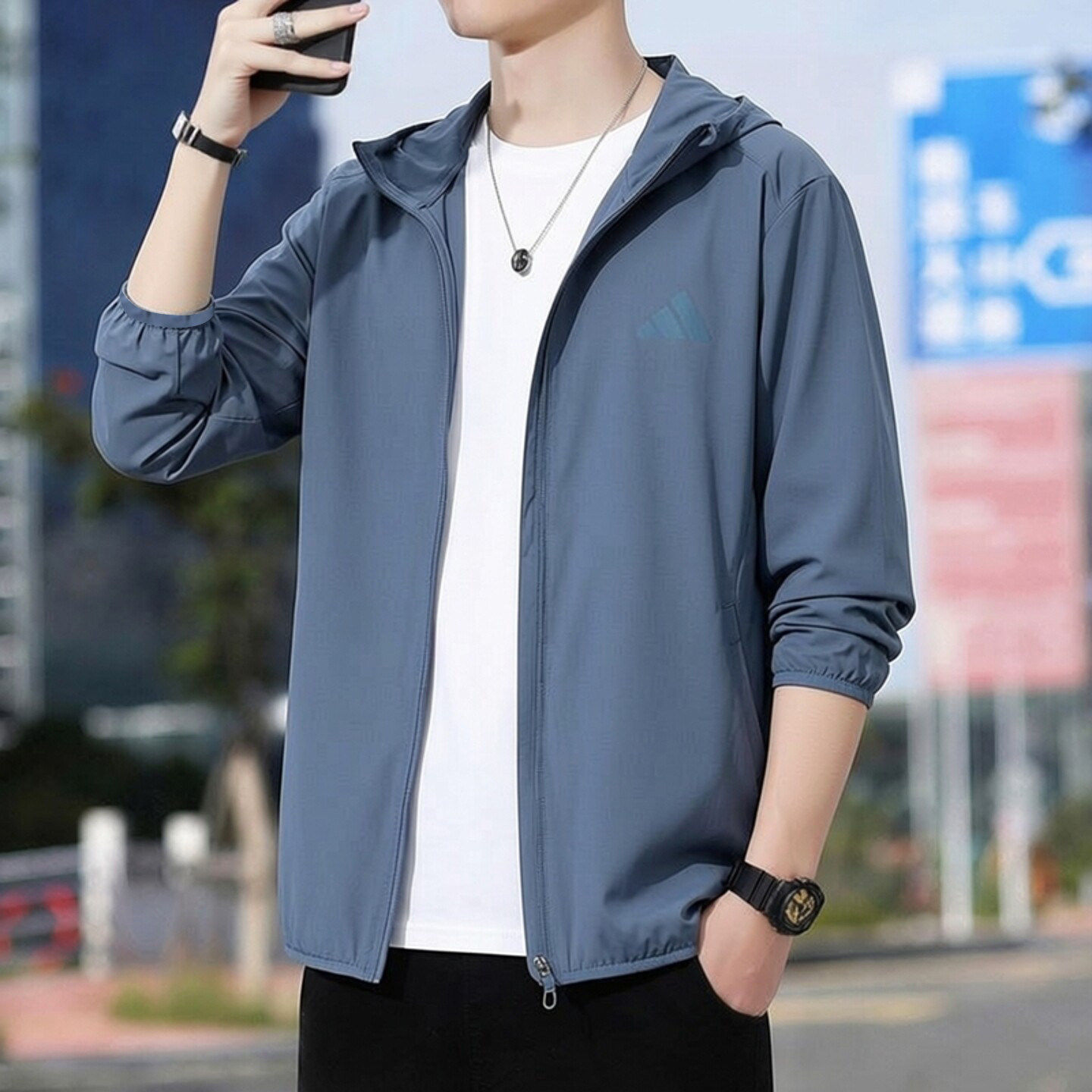 Adidas蓝色外套男防风衣夏季正品透气薄款快干运动服梭织夹克男