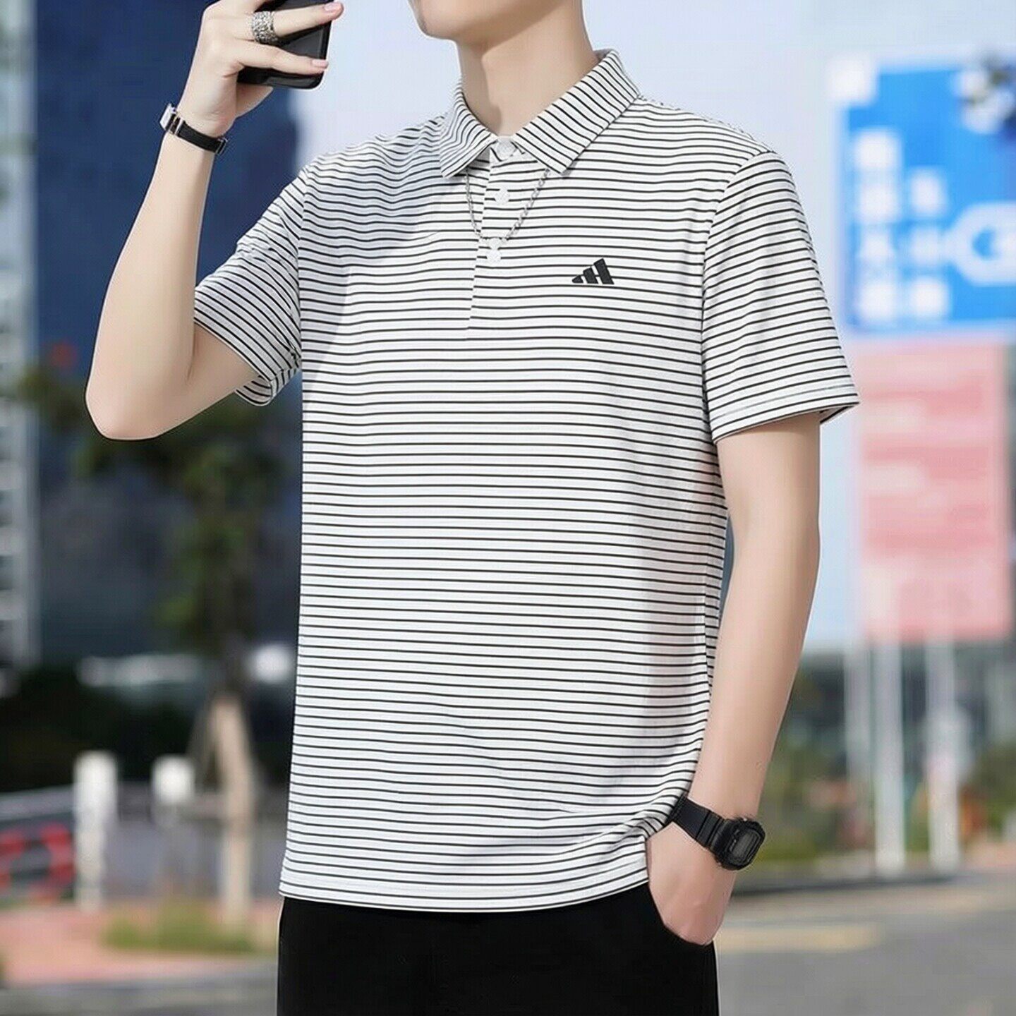adidas条纹polo衫男短袖夏季正品薄款透气休闲宽松高尔夫翻领上衣