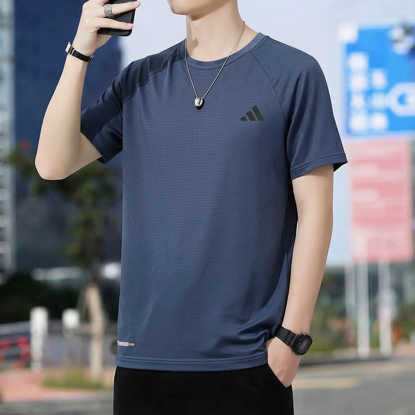 阿迪达斯纯色短袖男夏季速干t恤健身运动服男士蓝色运动冰丝半袖