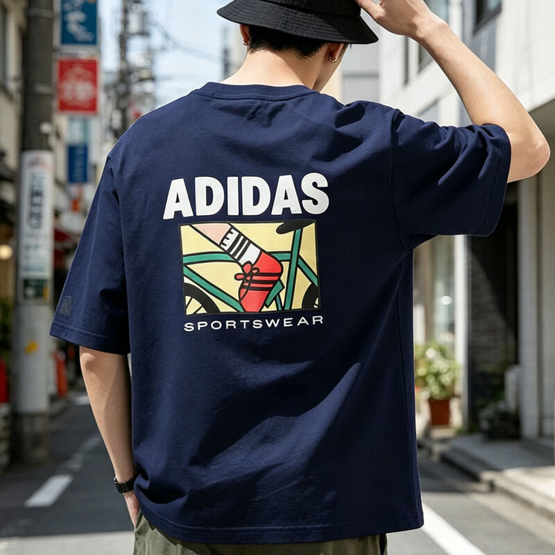 Adidas蓝色短袖T恤男士正品运动服宽松透气休闲圆领休闲半袖
