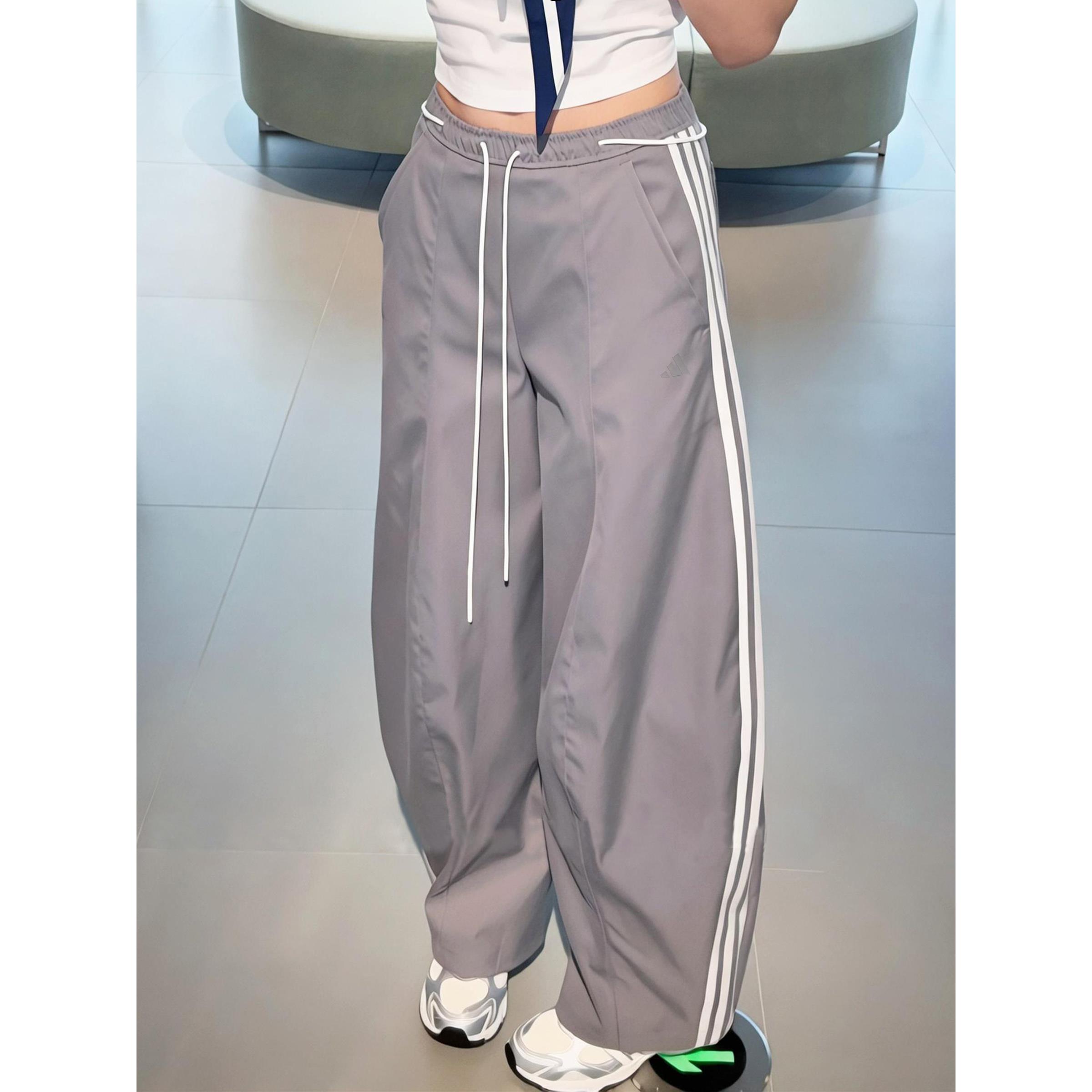 阿迪达斯灰色梭织裤子女秋正品美式街舞宽松复古运动弯刀裤KZ4198