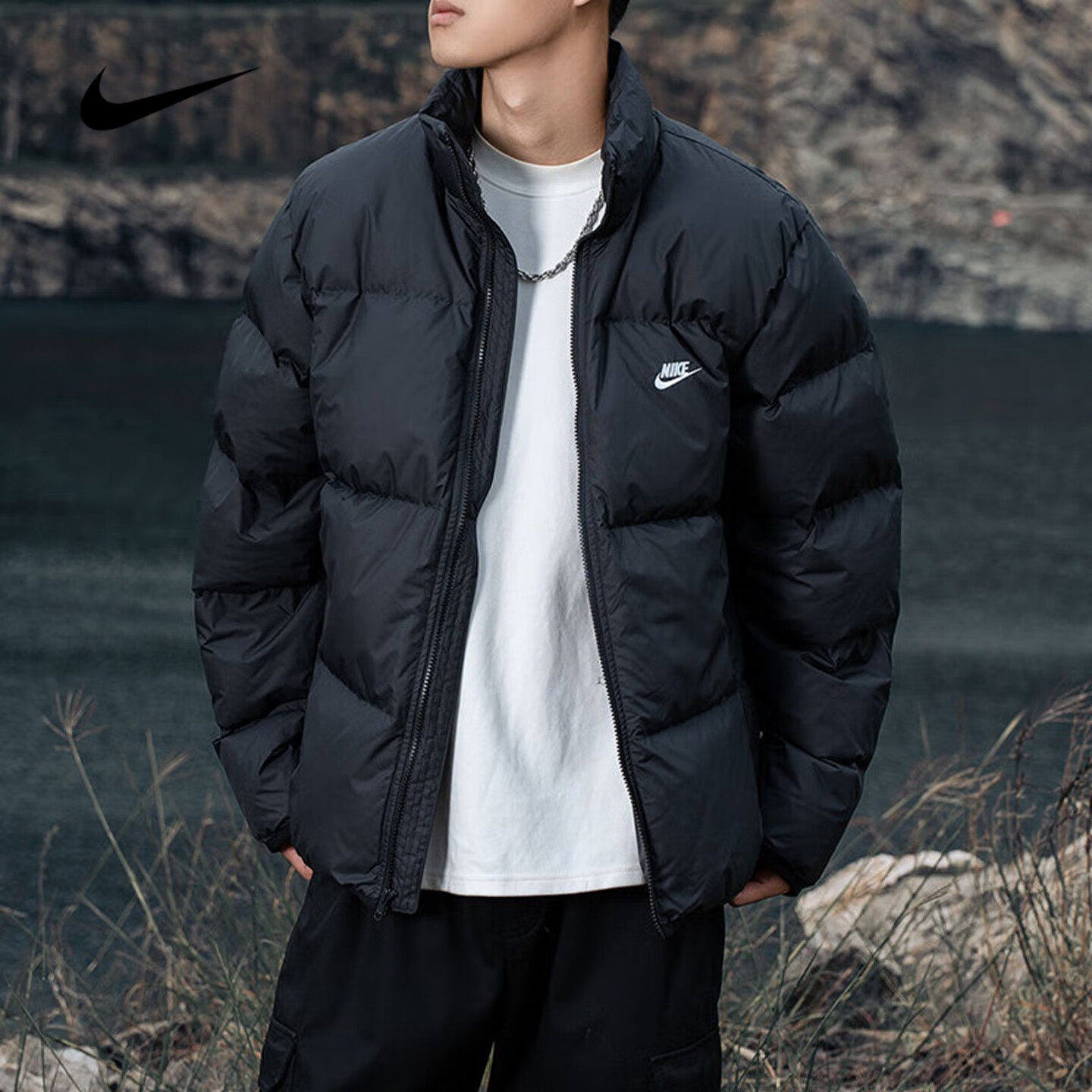 Nike耐克新款立领羽绒服男冬季保暖绒运动外套情侣款黑色潮流时尚