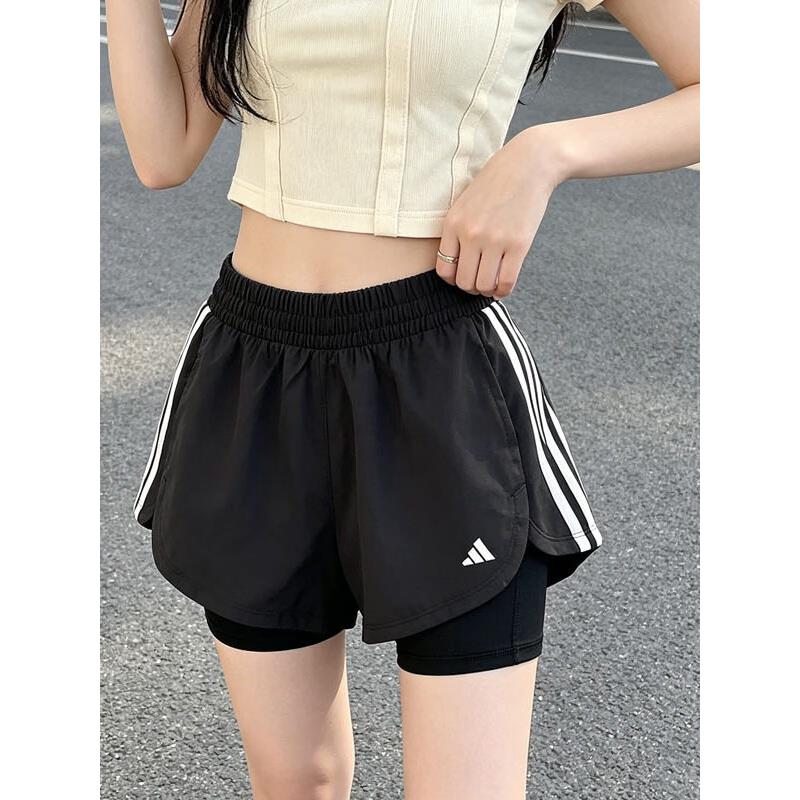 阿迪达斯短裤女裤夏季正品透气速干假两件二合一跑步健身运动裤