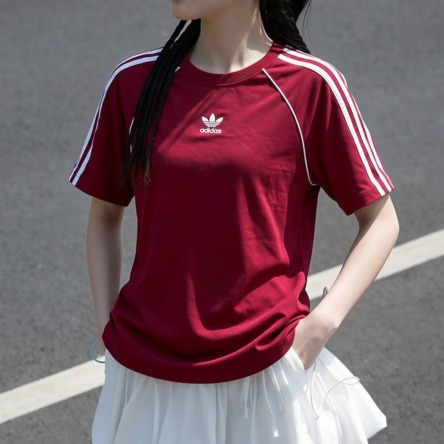 阿迪达斯酒红色短袖女t恤
