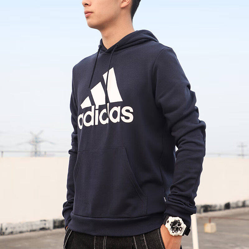 阿迪达斯蓝色卫衣男秋季正品休闲运动服篮球连帽衫宽松外套套头衫