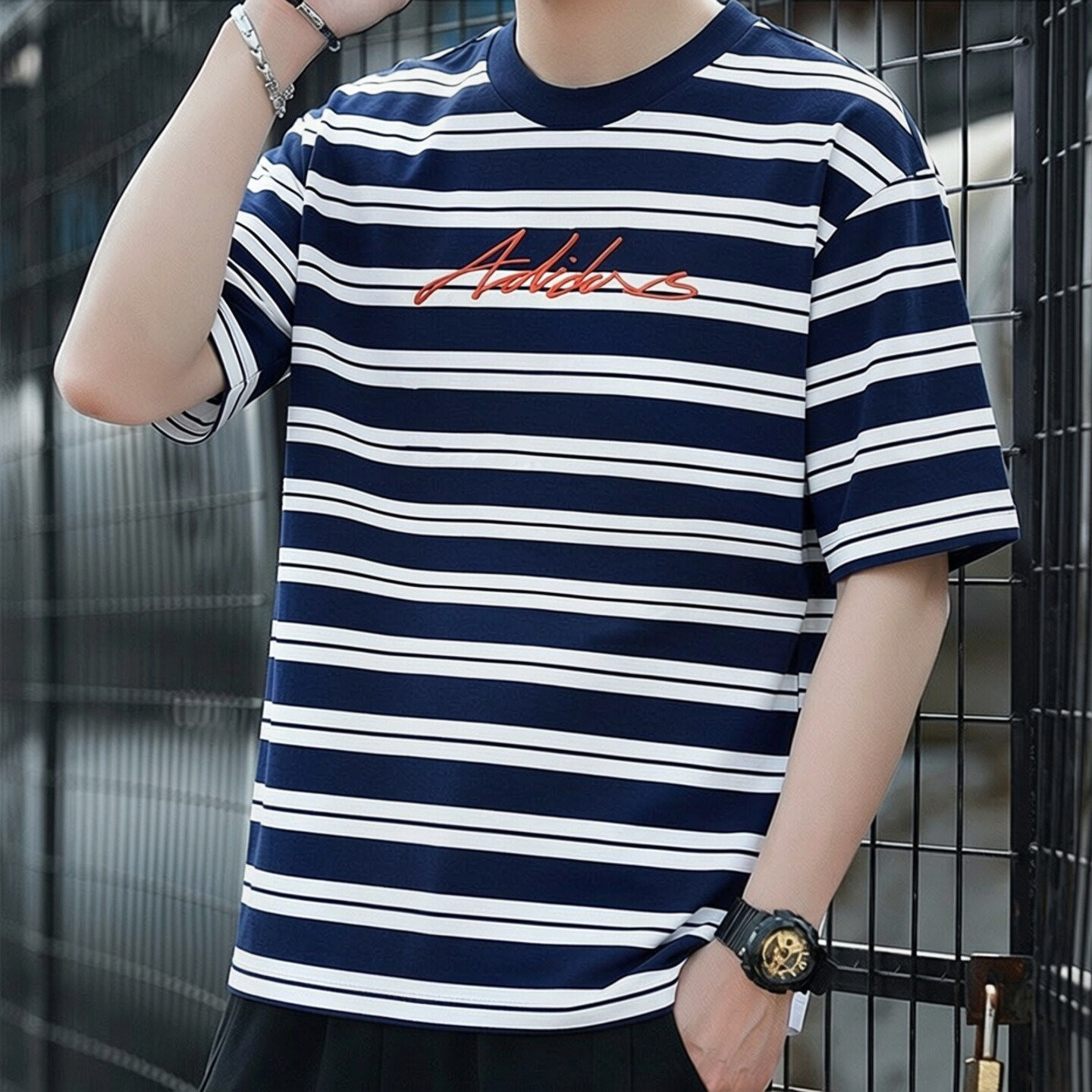 adidas/阿迪达斯条纹t男夏季正品美式棉篮球宽松大码复古休闲短袖