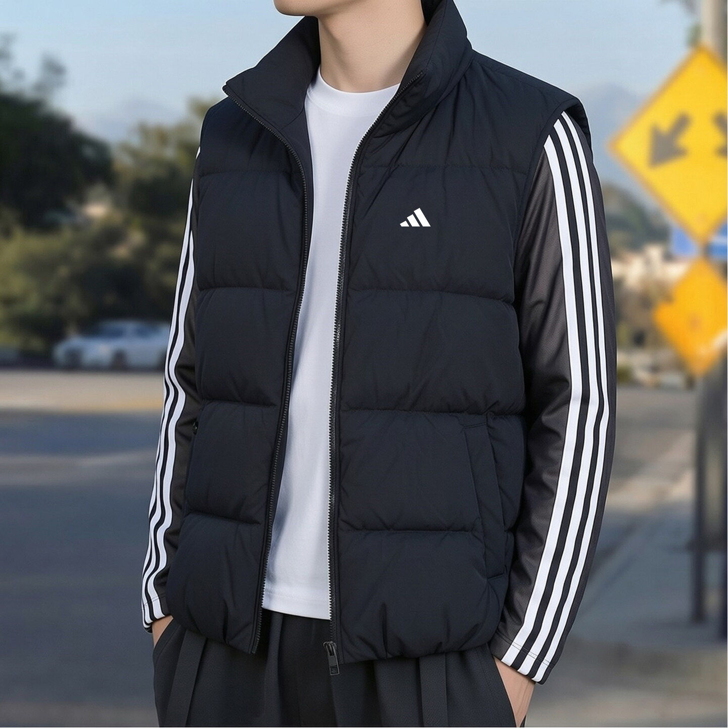 阿迪达斯无袖羽绒服背心冬季运动外套男士加厚立领羽绒马甲鸭绒