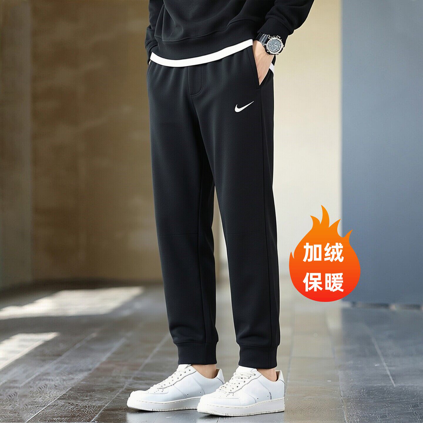 Nike耐克2026年新款加绒男裤针织保暖束脚裤简约刺绣标卫裤运动裤