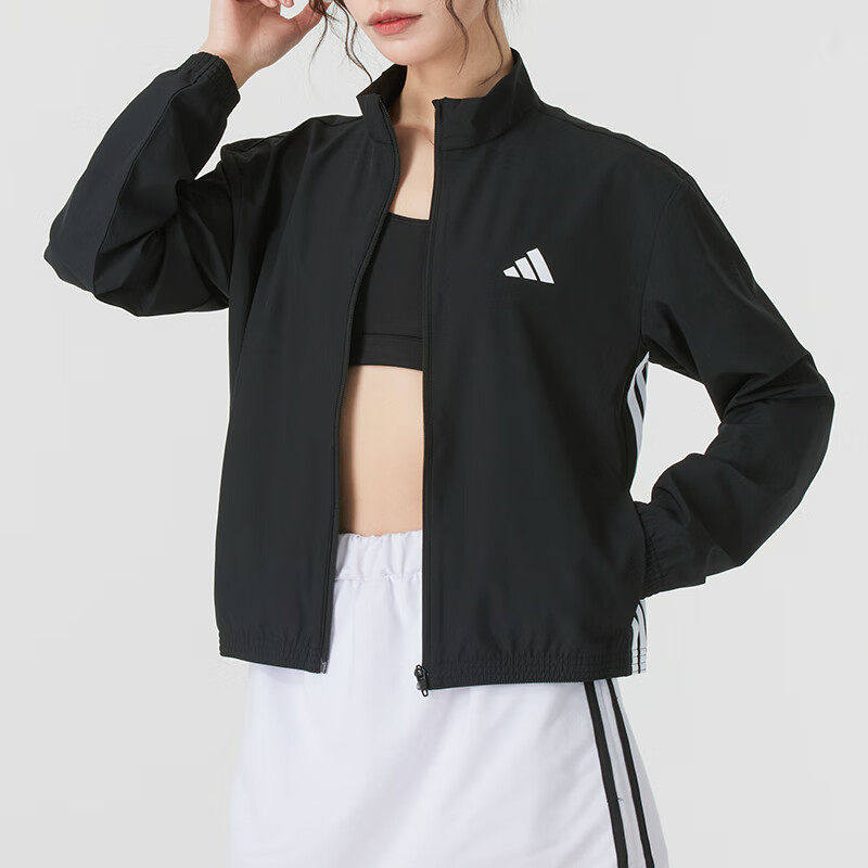 阿迪达斯女装夏季正品运动服短款跑步健身服防风外套休闲立领夹克