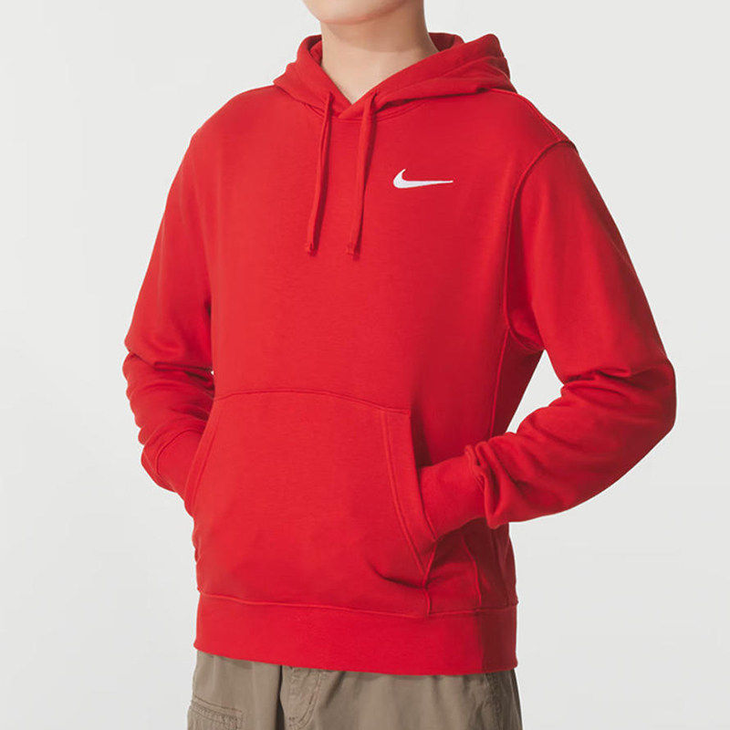 耐克红色连帽卫衣正品男子针织套头衫新年款厚运动篮球服宽松外套