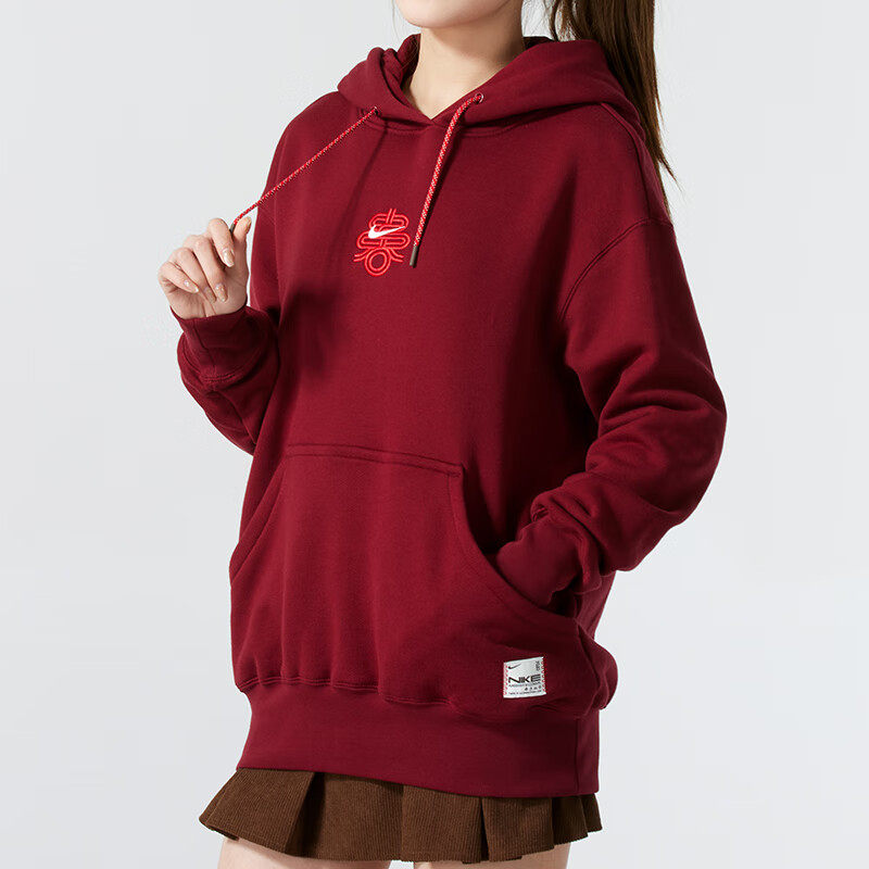 红色新年款卫衣女装Nike耐克正品春季正品宽松保暖防风连帽套头衫
