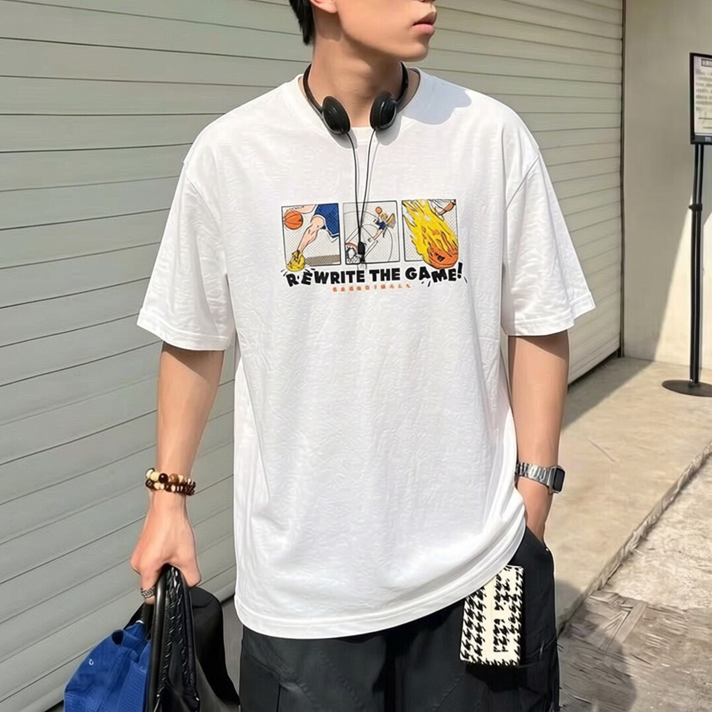 adidas短袖男T恤夏季篮球复古宽松卡通印花透气休闲白半袖KY3341