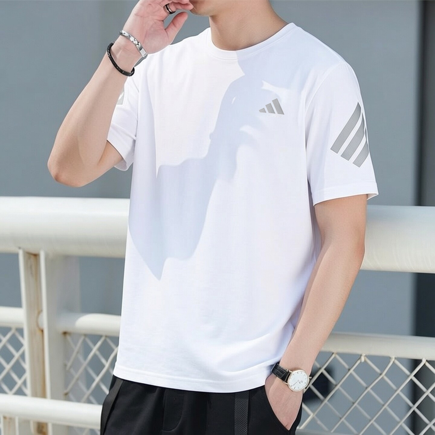 阿迪达斯短袖男夏季正品白色上衣运动服透气速干健身骑行冰丝T恤