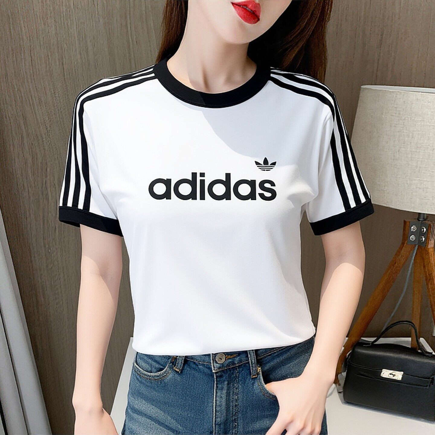 阿迪达斯夏季正品短袖女撞色运动显瘦圆领T恤三叶草修身休闲上衣
