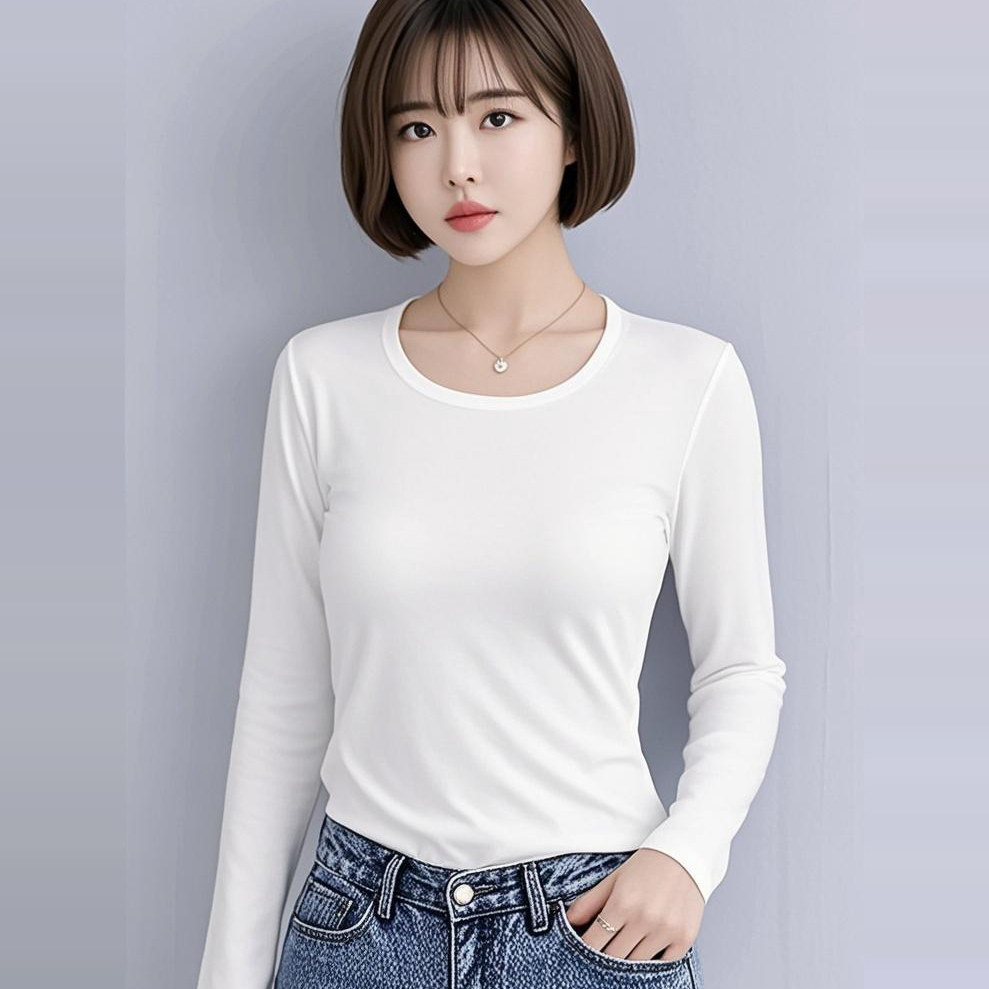 纯棉2025春秋季新款纯白色修身圆领长袖女士打底衫内搭外穿T恤