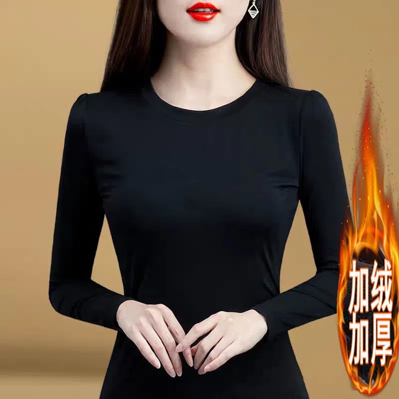 纯棉加厚加绒打底衫女秋冬圆领长袖百搭洋气内搭修身黑色保暖上衣