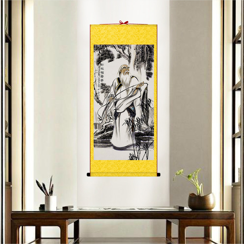 彭祖画像挂画针灸足浴书房手工装裱仿古丝绸卷轴可定制装饰画包邮