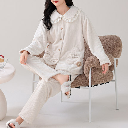 珊瑚绒睡衣女士秋冬季加厚简约卡通青年家居服法兰绒开衫新款套装