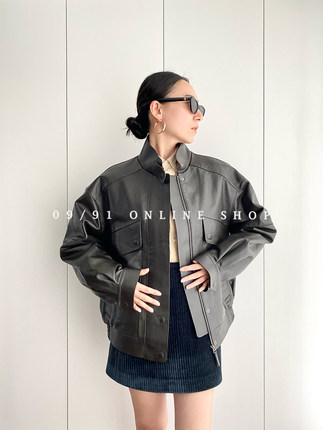 自留重磅秋冬新品周雨彤同款羊皮时髦廓形立领深棕夹克皮衣外套