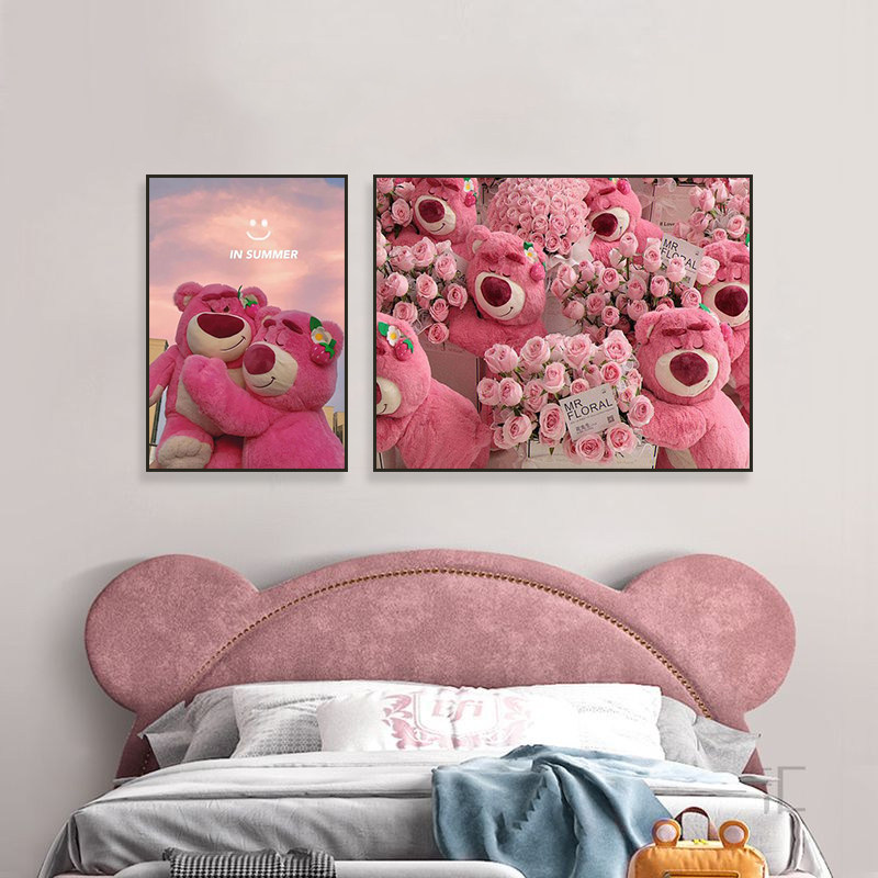 草莓熊挂画少女心卧室床头粉玫瑰装饰画公主儿童房可爱治愈壁画