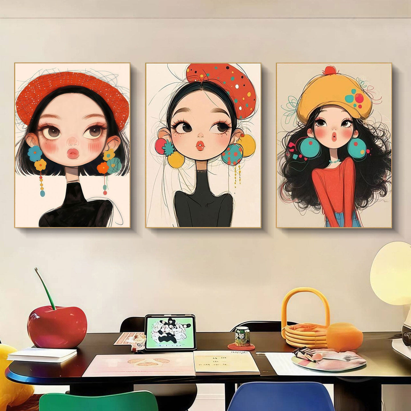 治愈系多巴胺装饰画现代简约儿童房卧室壁画可爱俏皮女孩卡通挂画