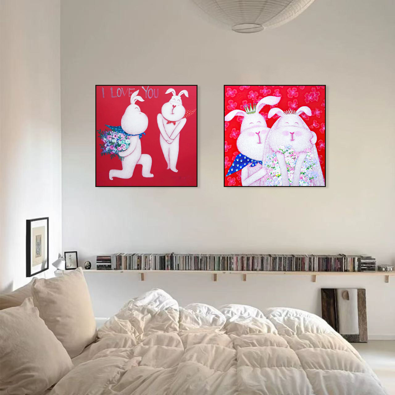 治愈系卡通兔子装饰画新婚夫妻情侣卧室挂画客厅儿童房艺术壁画