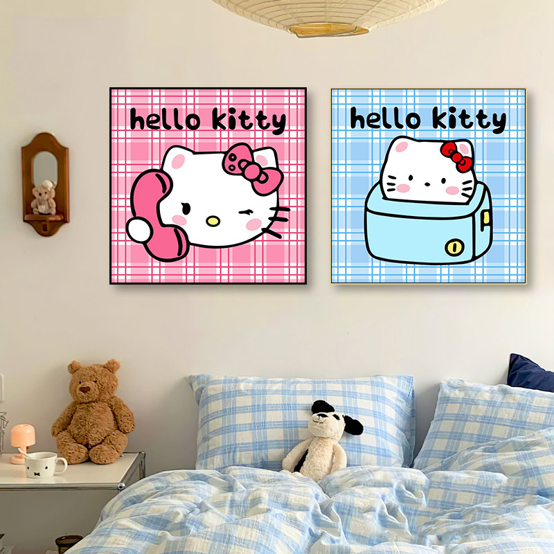 多巴胺Kitty猫装饰画客餐厅网格凯蒂猫挂画少女心卧室可爱壁画