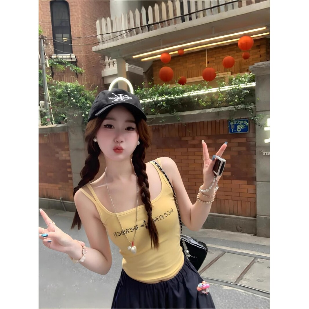 山姆优选黄色吊带女外穿背心2025新款带胸垫内搭别致甜辣美式小上