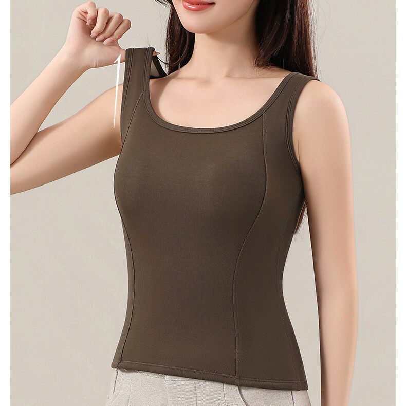 0837秋冬莱赛尔磨毛女士保暖内衣透气固定杯免穿文胸修身U领背心