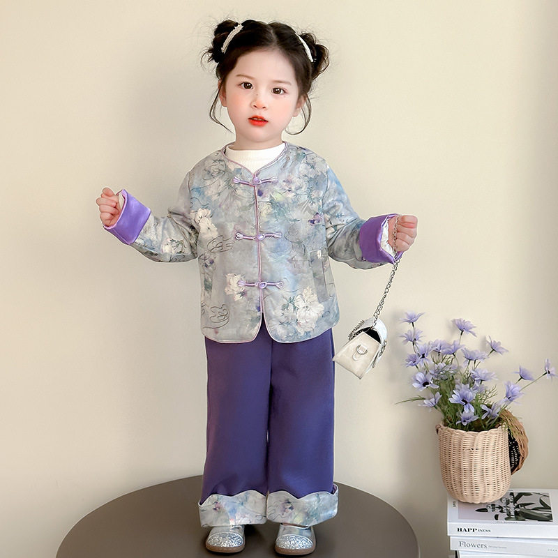 汉服女童套装2026春秋新款国风新中式唐装儿童外套裤子马甲三件套