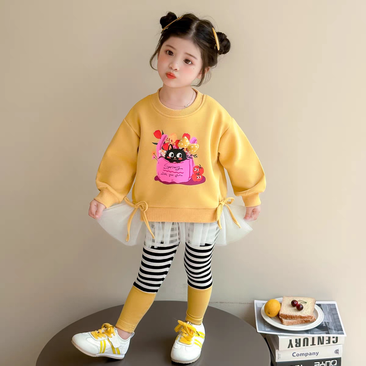 女童春装套装2026韩版儿童网纱裙卫衣条纹打底裤春秋小女孩两件套