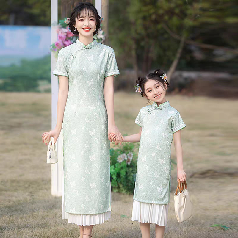 亲子装改良旗袍女童新中式国风连衣裙唐装汉服母女演出服礼服夏季