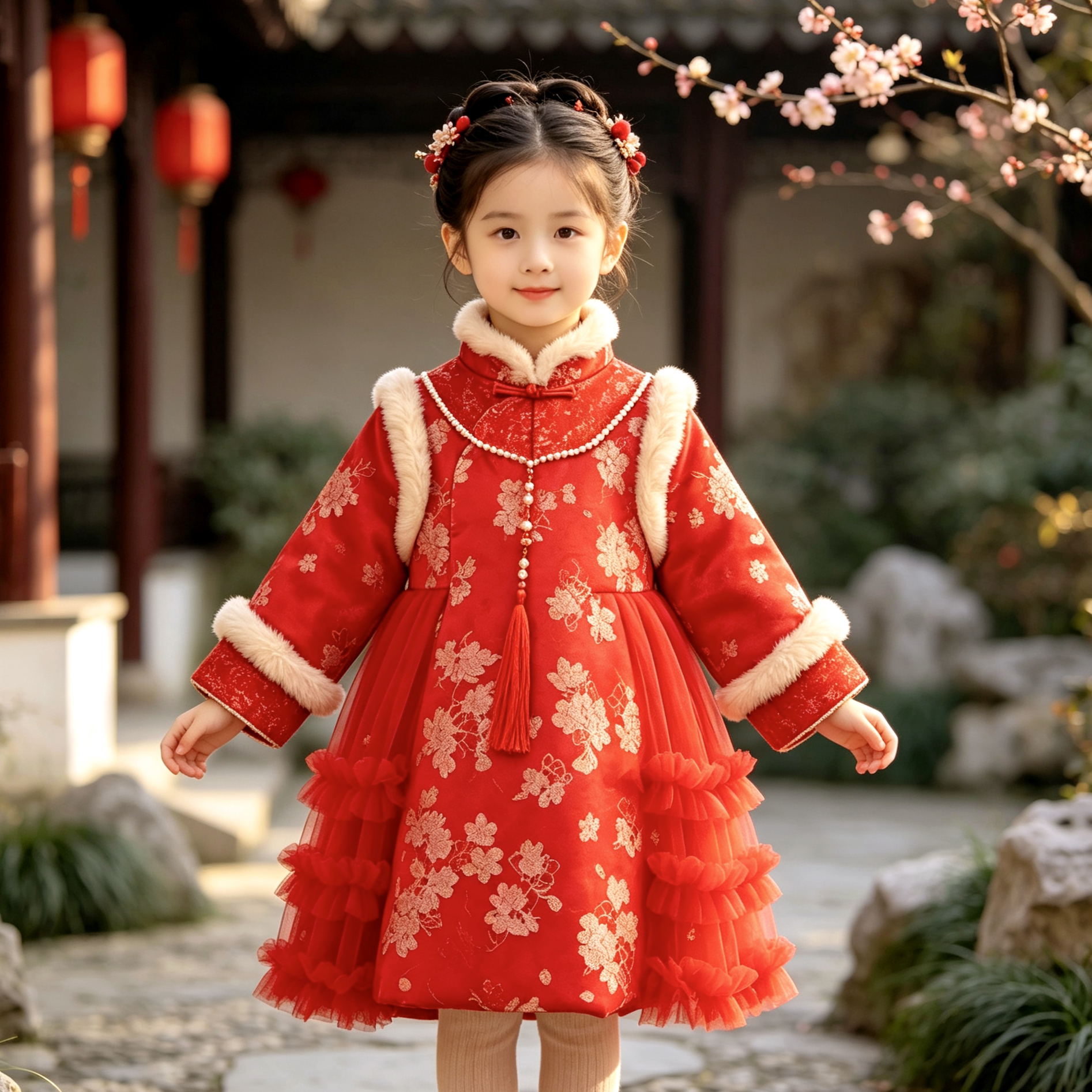 女童连衣裙汉服冬装女宝宝周岁礼服加厚拜年服儿童旗袍裙新年衣服