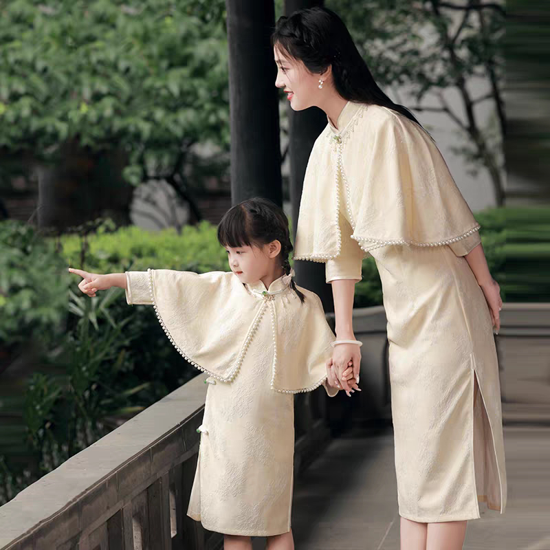 新中式亲子装改良旗袍春秋连衣裙国风唐装套装中国风母女装表演服